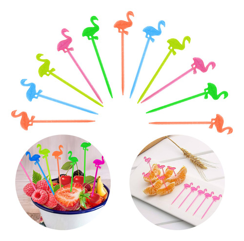 300 Palillos Para Fruta, Lunch, Bocadillos O Decoración. Material De Plástico Desechable Con Figura De Flamingo. Distintos Colores Neón.