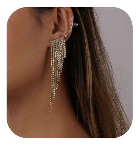 Brinco Estilo Ear Cuff Par Strass Franja Festa Casamento Cor Dourado