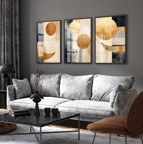 Kit 3 Quadros Decorativos Geométrico Moderno Abstrato Vidro