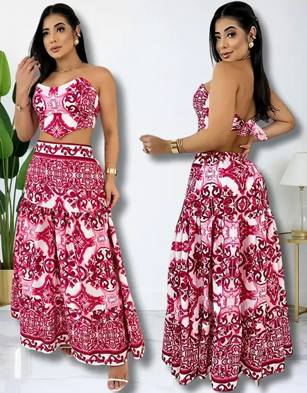 Conjunto Feminino Saia Longa E Cropped De Alça Estilo Casual