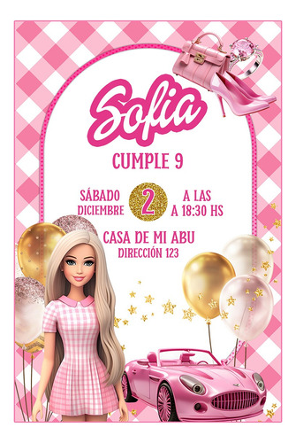 Muñeca Rosa Esitlo Barbie Tarjeta Invitación Digital 