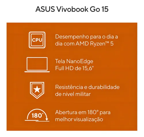 Notebook Asus Vivobook Go 15 E1504, Amd Ryzen 5 7520u 2,8 Ghz, 8gb Ram, 256gb Ssd, Windows 11 Home, Tela 15,6  Fhd, Black - E1504fa-nj825w Preto