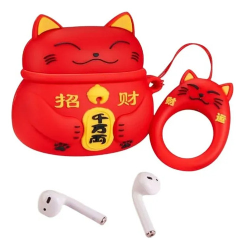 Funda Estuche Kawaii Para Airpods Pro2 Con Gancho Gato Suerte Rojo