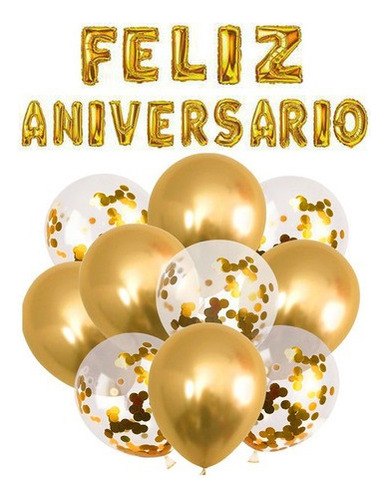 Kit C/10 Balão Bexiga Confete Dourado + Feliz Aniversário Mp