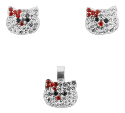 Aretes De Plata  Gatitos Cristales Moño Rojo