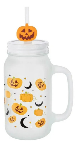 Vaso Tarro Con Popote De Vidrio Diseño Halloween De 710 Ml