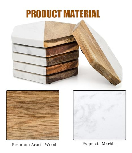 Juego De 6 Posavasos De Mármol Y Madera Zenfun, Posavasos Ge