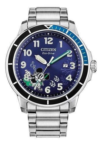 Citizen Mickey Water Sport Blue Dial Aw1529-81w .. Dcmstore Color de la correa Gris Color del bisel Plata Color del fondo Azul