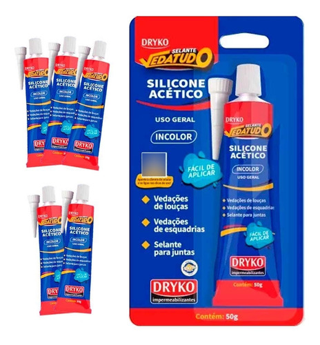 Kit Silicone Incolor Acético Vedatudo 50g 6 Uni 50inc Dryko