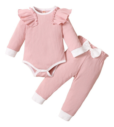 Conjunto De Mameluco Rosa De Algodón Suave Bebé Con Moño