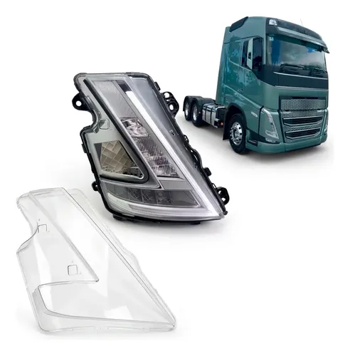 Farol LED de Volvo FH com a lente transparente separada e um caminhão Volvo FH ao fundo