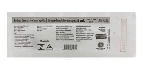 Seringa 3ml Com Agulha 25x7 Slip Descarpack 50 Unid Capacidade Em Volume 5 Ml