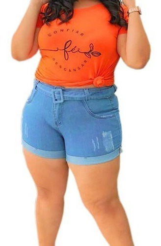 Short Plus Size Feminino Jeans Curto C Lycra E Cinto Fivela