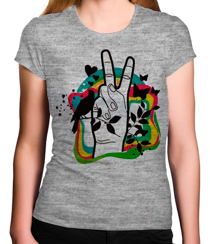 Camiseta Feminina Cinza Paz E Amor Reggae