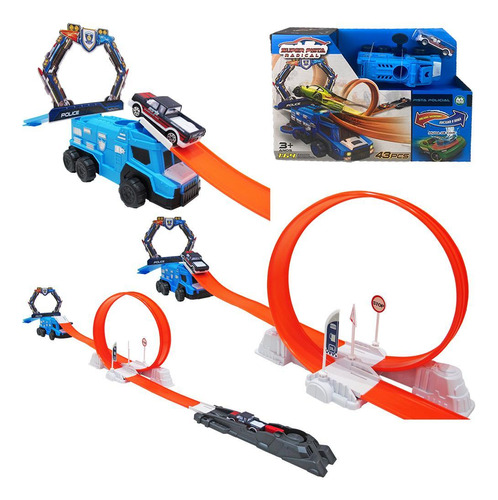 Carro Lancador + Super Pista Radical Azul Looping Obstaculo