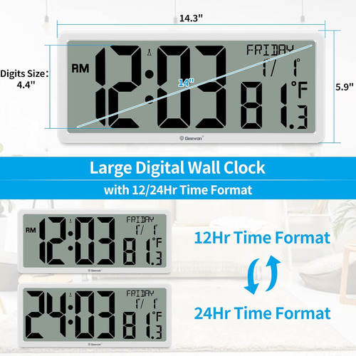 Reloj Atómico De 14.3 Pilas, Reloj De Pared Digital A...
