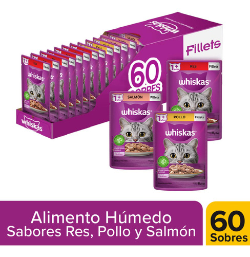 Whiskas alimento húmedo gato 60 sobres carne pollo y salmón