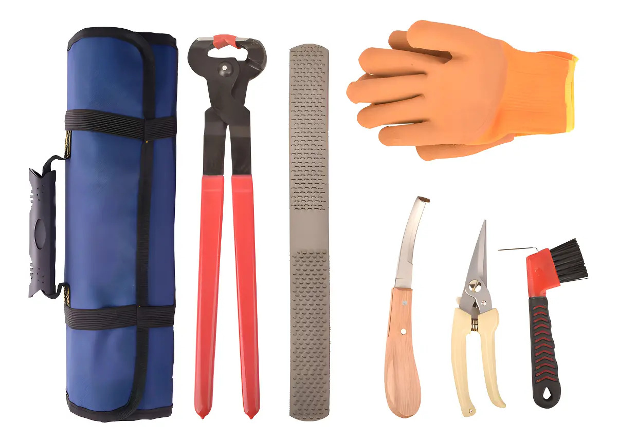 Kit De Herramients Para Herrar Pinzas De Caballo Recortadoras Para Pezuñas de Caballo con Bolsa Alicates Cuchillo Tijeras Guantes Cepillo Recortar Pinzas Para Pezuñas Cabra Cerdos Equino 7pzs