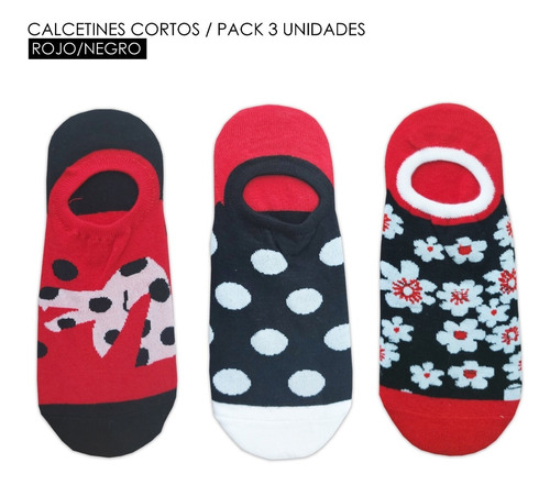 Calcetines Cortos Con Diseño/pack 3 Unidades/rojo-negro