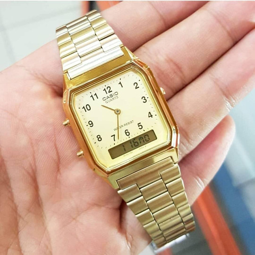 Relogio Casio Vintage Analógico E Digital Dourado Aq-230