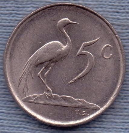 Imagen 1 de 2 de Sudafrica 5 Cents 1975 * Ave Grulla Azul * Escudo *