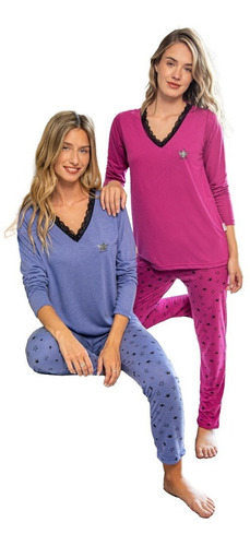 Pijama Susurro Invierno Escote V Combinado Talles Grandes