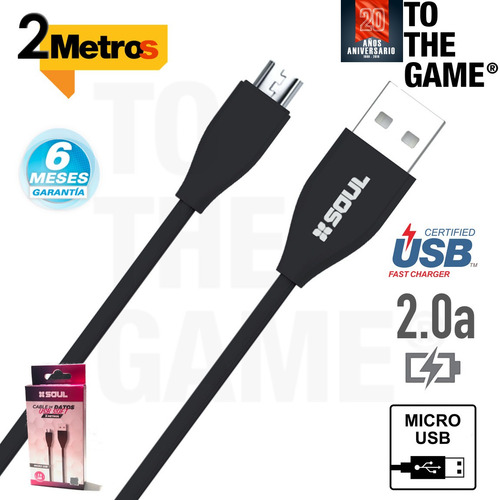 Imagen 2 de 5 de Cable Usb A Micro Usb Cargador Datos 2mt Carga Microusb