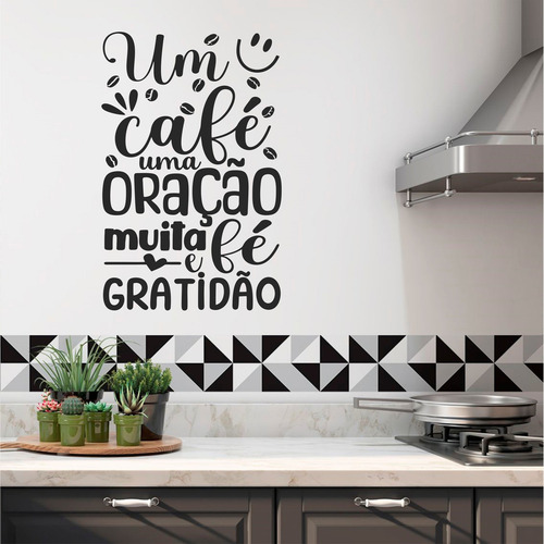 Adesivo Frase Parede Café Oração Fé E Gratidão Preto Fosco
