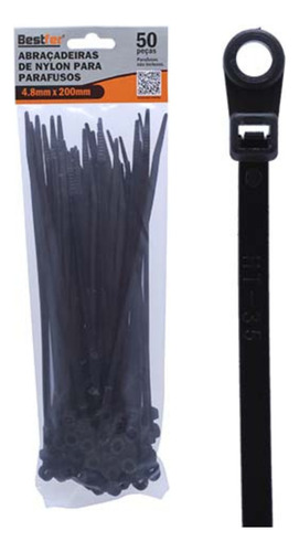 Abraçadeira Nylon P/parafusos 50pcs Preta 4.8mmx200mm