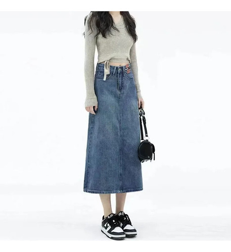 Od Falda Midi De Mezclilla De Cintura Alta En A For Mujer,
