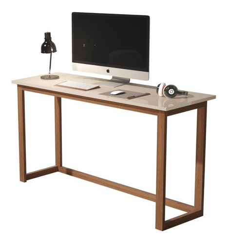 Mesa Para Estudo Home Office E Pés De Madeira Maciça 120cm Cor Off white