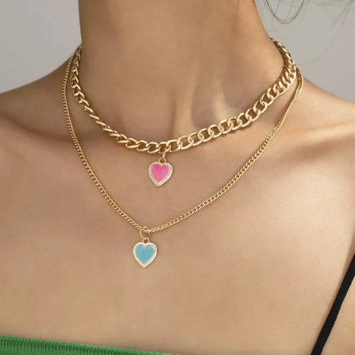 Set 2 Collar Doble Cadena Dije Corazón Mujer