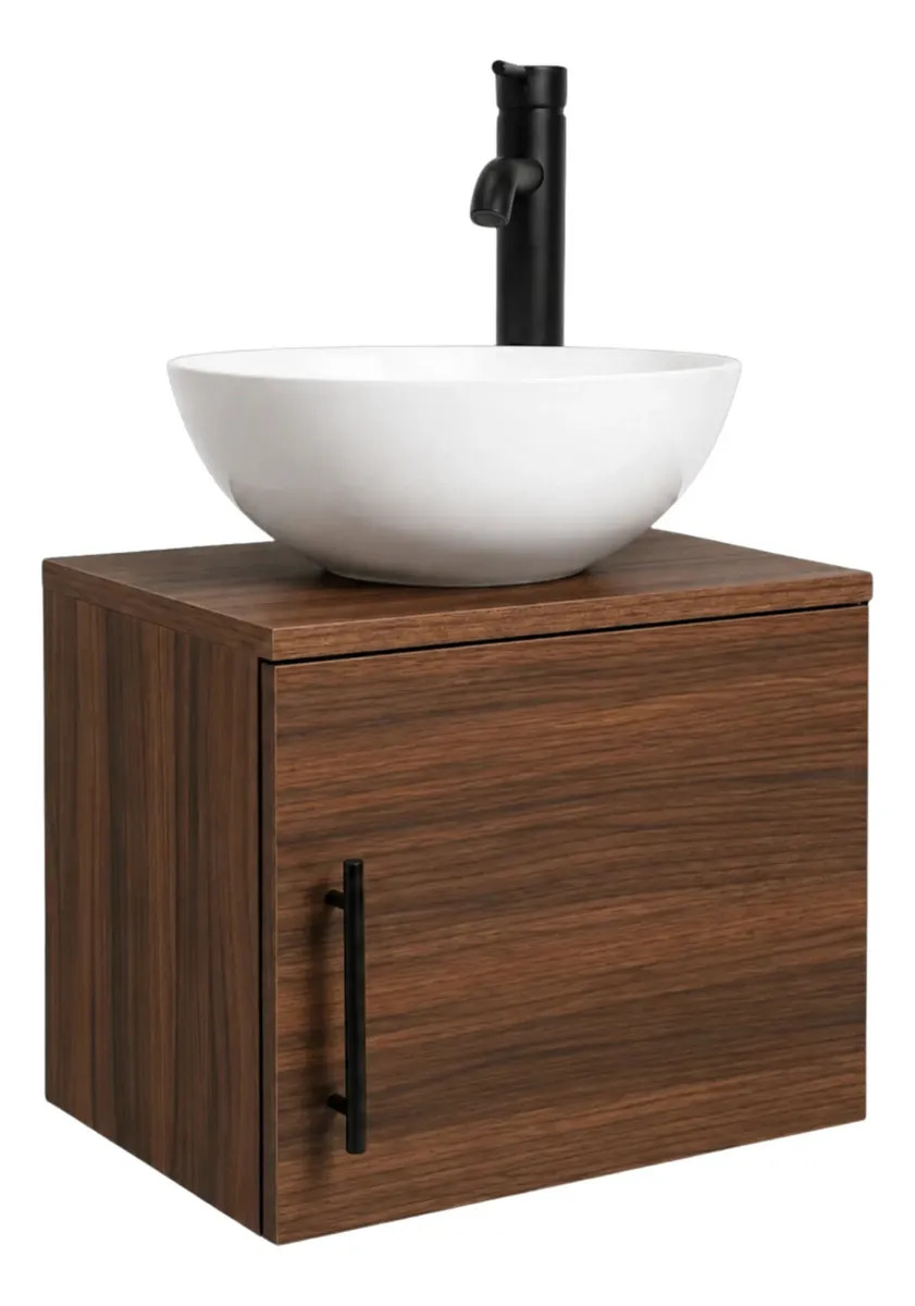 Mueble Lavabo Gabinete De Baño Flotante 40 cm Con Lavabo Ovalín Y Monomando Nogal Oscuro
