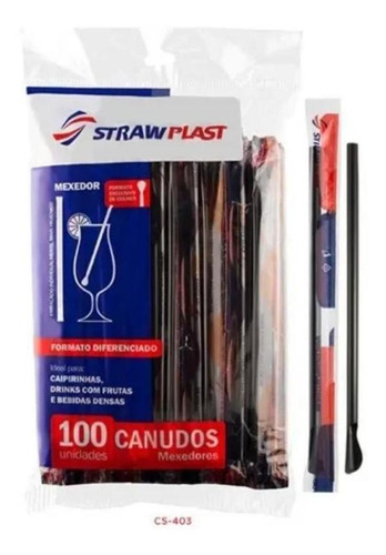 Canudo Colher Mexedor Preto Straw Para Drinks - 100 Unidades