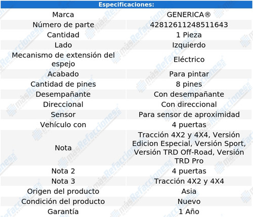 (1) Espejo Izq 8 Pines P/sensor Aprox Generica Tacoma 16_23