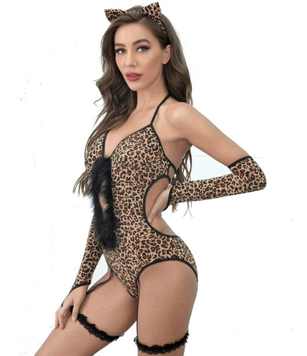 Body Conjunto Lenceria Leopardo Disfraz Sexy Hot Accesorios