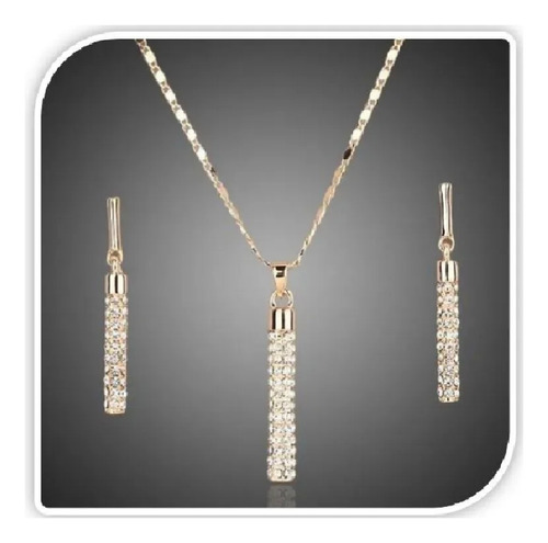 Elegante Set Collar Y Aretes Barras Diamante Cz Oro Lam 24k 