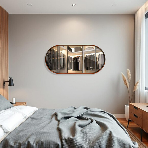 Espelho Oval 50x80 Cm Com Couro Preto E Caramelo Luxo