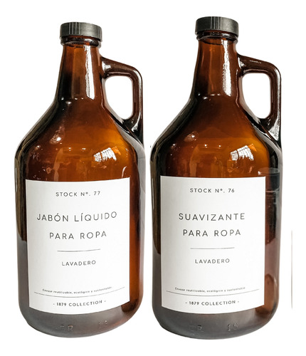 Set Lavadero Botellón Growler Vidrio Jabón Líquido+suavizant