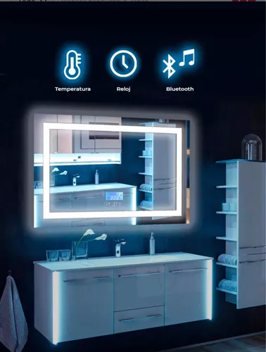 Espejo Para Baño Luz Led C/ Bluetooth Y Reloj - Rectangular