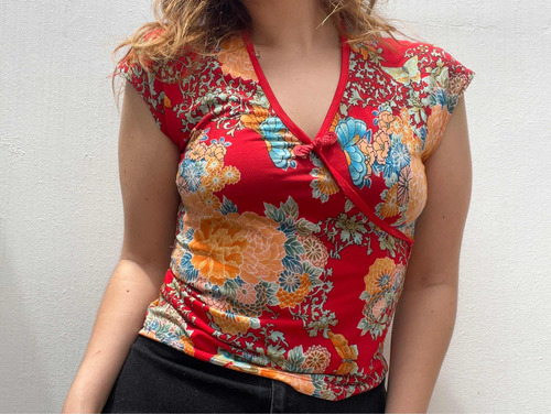 Remera Top Vintage Estilo Chino Quipao Talle M Color Rojo