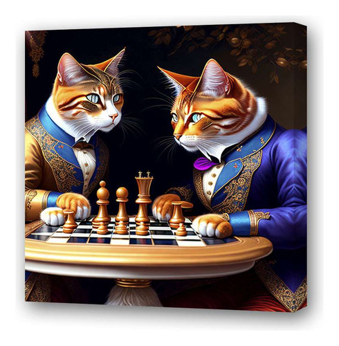 Cuadro 20x20cm 2 Gatos Con Traje Jugando Ajedrez Chess