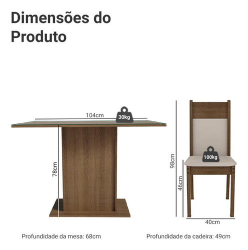 Sala De Jantar Mesa Tampo De Vidro 4 Cadeiras Viena Madesa Cor Rustic/Crema/Sintético/Bege