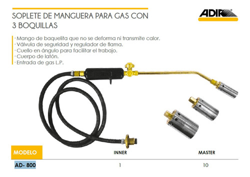 Soplete Con Manguera Para Gas Adir 800 Con 3 Boquillas
