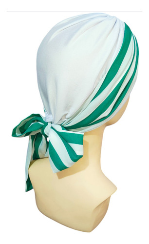Turbante Oncológico Para Mujer De Algodón C/ Banda Mascada Color Blanco Rayas Verdes