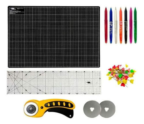 Kit Base De Corte Artesanato 45x30 Regua 15x30 Cortador 45mm Cor Placa Para Corte Preta