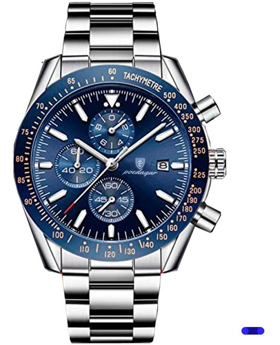 Reloj Analógo Casual Con Cronográfo Fechador Lujo Elegante Color de la correa Plata con Caja Azul