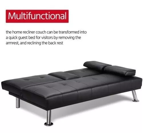 Sofa Cama Futón Reclinable De Piel Sintética Con Portavasos Y Almohadas  Negro