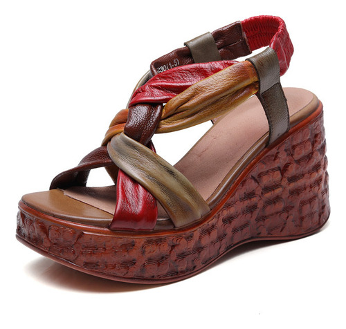 Sandalias Étnicas De Tacón Alto Para Mujer De Cuero Genuino