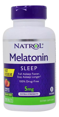 Natrol, Melatonina sleep 5 Mg, Disolución Rápida, Extra Fuerza, Sabor Fresa, 150 Tabletas. Producto 100 % Libre De Medicamentos. No Crea Hábito